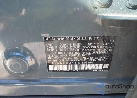 2025 Honda Hr-V 2Wd Sport из США, поврежденный, VIN 3CZRZ1H59SM715193